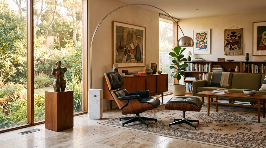 Das Wohnzimmer eines Sammlers mit Ledersessel, Bogenleuchte und einer Bronze auf einem Sockel