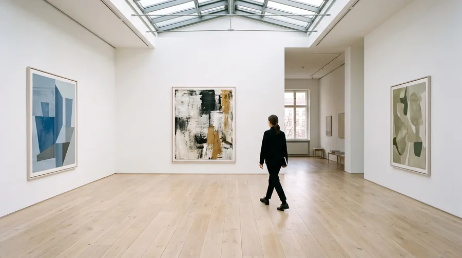 Eine White-Cube-Galerie im Morgenlicht, eine Galeristin geht an drei großen Leinwänden vorbei