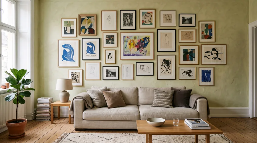 Eine Bilderwand über einem niedrigen Sofa, mit Anmerkungen