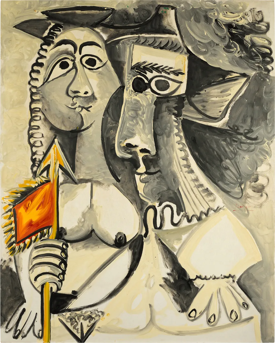 Sotheby's: Pablo Picasso, Femme nue et homme au fanion, 1969, eine nackte Frau mit rot-gelbem Wimpel neben einem Musketier