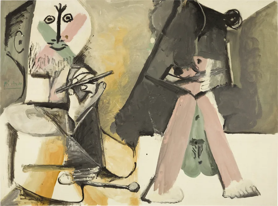 Sotheby's: Pablo Picasso, Le Peintre et son modèle, 1964, ein bärtiger Maler an der Staffelei und ein liegendes Aktmodell