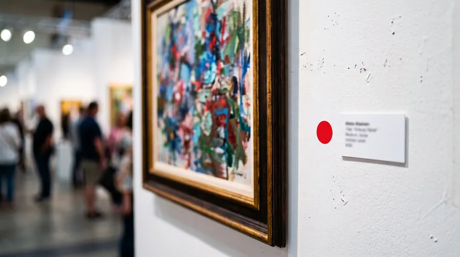 Ein roter Punkt neben einem Wandschild auf einer Kunstmesse