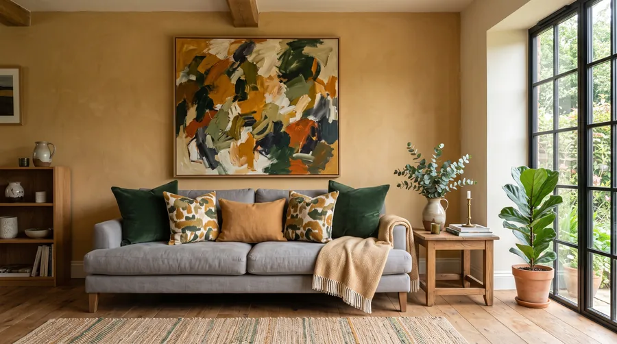Ein Interieur, dessen Farben das Ocker und Grün eines großen Bildes aufnehmen