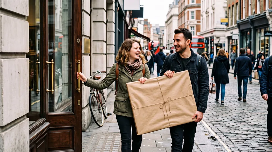 Ein Paar trägt ein eingepacktes Bild aus einer Galerie