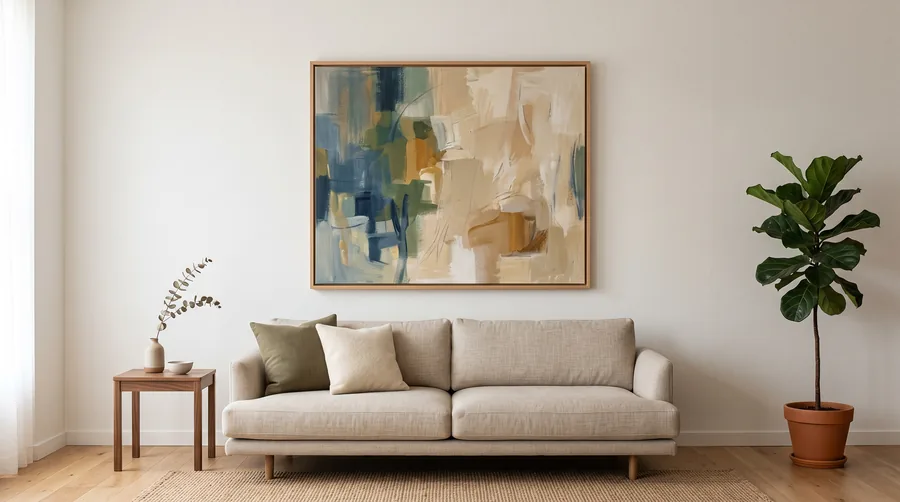 Ein großes Bild mittig über einem niedrigen Sofa