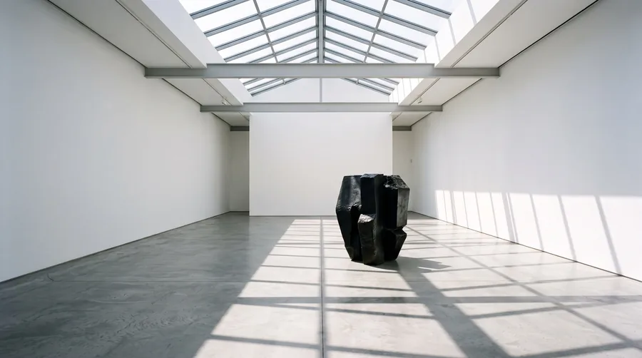 Eine White-Cube-Galerie mit einer einzelnen schwarzen Skulptur auf dem Boden